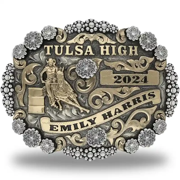 The Tulsa Belt Buckle boasts a German Silver base adorned with 14 German Silver flowers and 14 Cubic Zirconia stones, all framed by a German Silver berry edge. This custom rodeo belt buckle trophy is perfect for your future pro cowgirl!