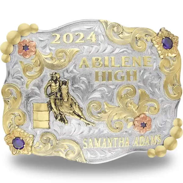The Wildcat Belt Buckle features a bead and scroll edge in Jeweler's Bronze with silver line accents. Adorned with copper and Jeweler's Bronze flowers, stones, and scroll pieces. Personalize it for your future pro cowgirl!